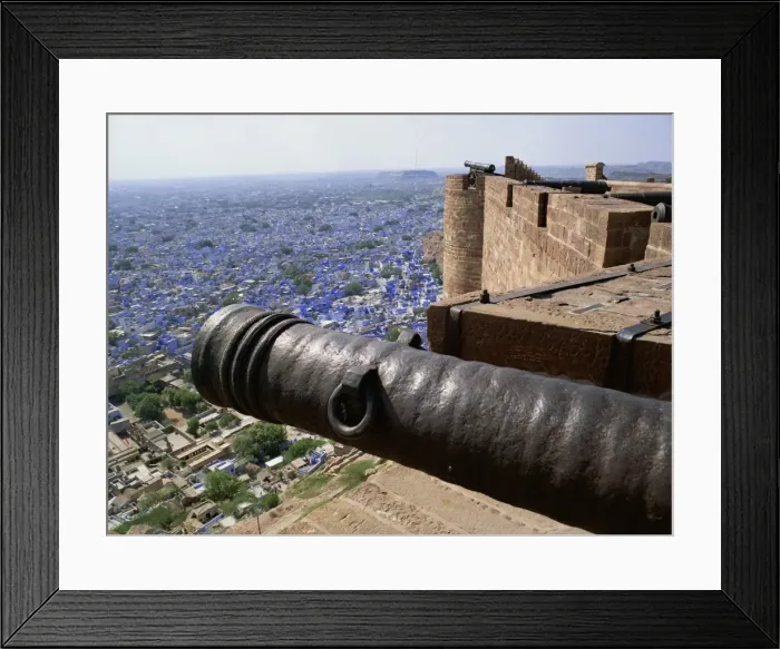 Framed Print : Old cannon and view over Old City from Fort, Jodhpur, Rajasthan state, India, Asia Framed Print : Old cannon and view over Old City from Fort, Jodhpur, Rajasthan state, India, Asia