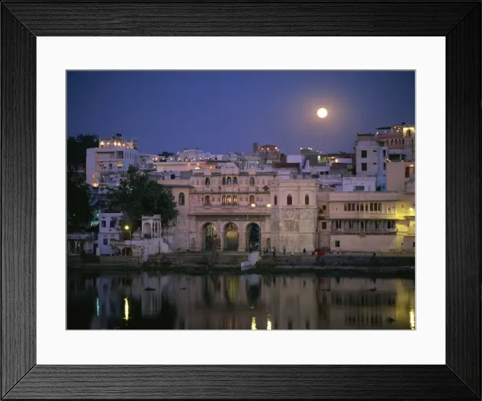 Framed Print : Moonlit view of Gangaur Ghat, with old city gateway, Udaipur, Rajasthan state Framed Print : Moonlit view of Gangaur Ghat, with old city gateway, Udaipur, Rajasthan state