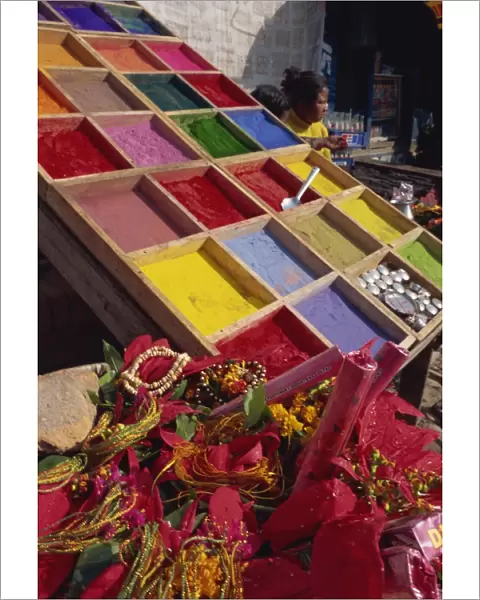 Stall selling coloured powder for rituals at entrance to Pashupatinath Temple