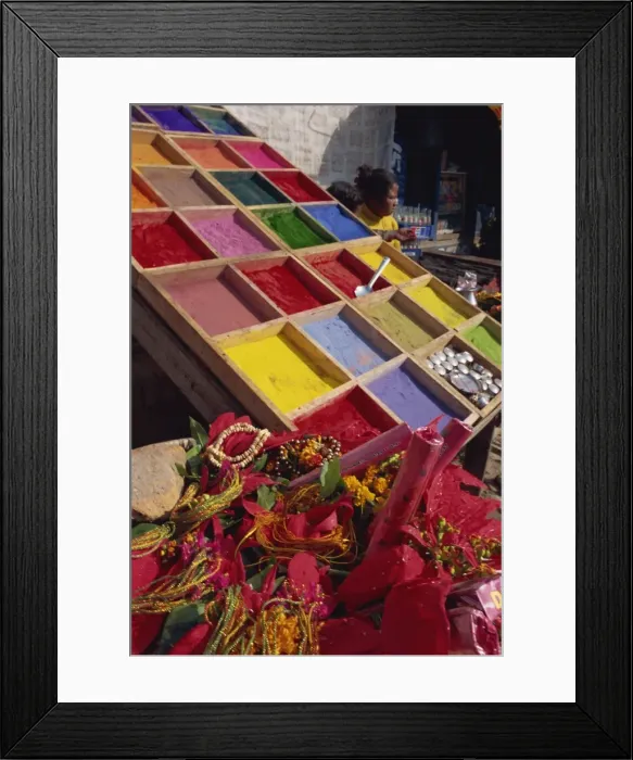 Framed Print : Stall selling coloured powder for rituals at entrance to Pashupatinath Temple Framed Print : Stall selling coloured powder for rituals at entrance to Pashupatinath Temple