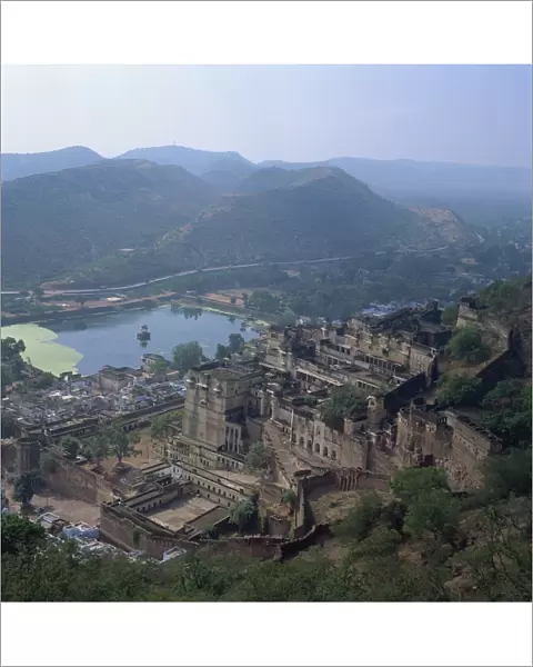 View of palace from fort, Bundi, Rajasthan state, India, Asia