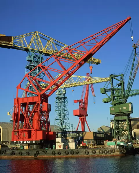 Cranes at the Swan Hunter shipyard on the River Tyne, Northeast, England