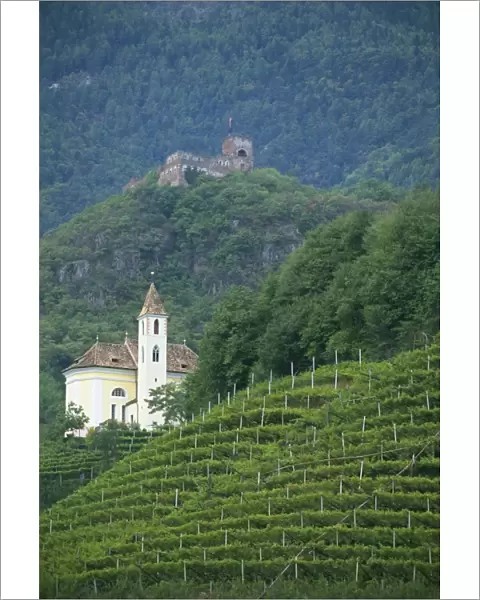 Church and ruined castle at Missiano, Caldero wine district, Bolzano, Alto Adige
