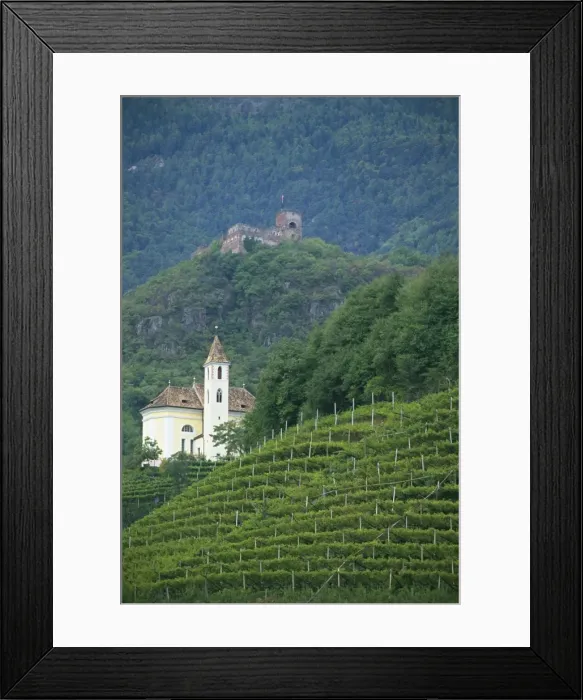 Framed Print : Church and ruined castle at Missiano, Caldero wine district, Bolzano, Alto Adige Framed Print : Church and ruined castle at Missiano, Caldero wine district, Bolzano, Alto Adige