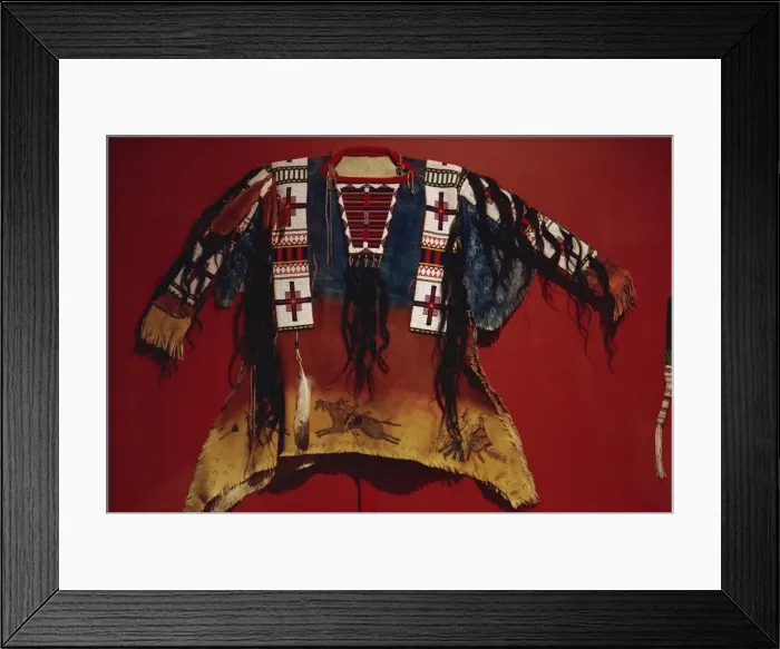 Framed Print : Dakota shirt, reworked, painted buckskin, with bull hair, eagle and hawk feathers Framed Print : Dakota shirt, reworked, painted buckskin, with bull hair, eagle and hawk feathers