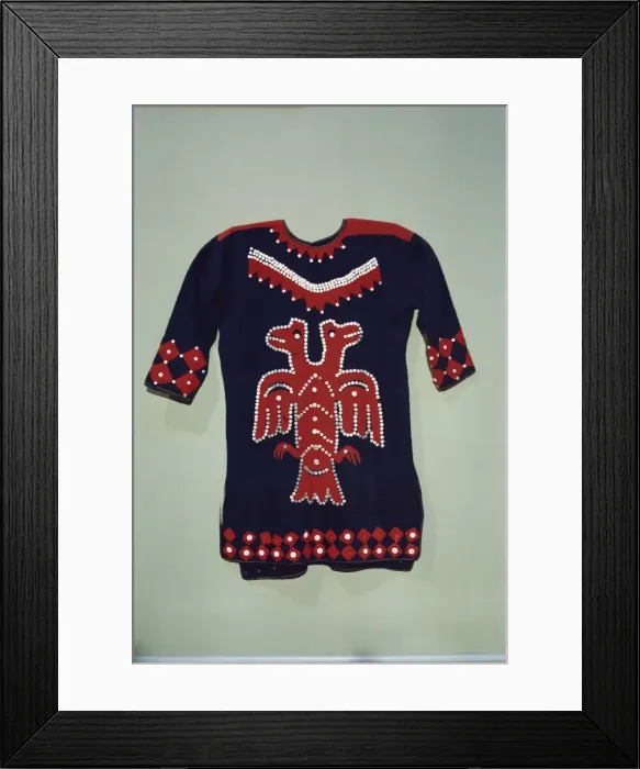 Framed Print : Raven clan design on Tlingit tunic from Angoon, Alaska, exhibited in the Portland Museum Framed Print : Raven clan design on Tlingit tunic from Angoon, Alaska, exhibited in the Portland Museum
