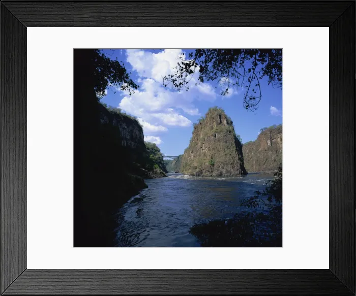 Framed Print : Zambezi River and bridge from bend at second and third gorges, Victoria Falls Framed Print : Zambezi River and bridge from bend at second and third gorges, Victoria Falls