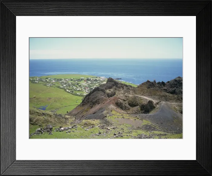 Framed Print : Edinburgh settlement and the 1961 volcanic cone, Tristan da Cunha, Mid Atlantic Framed Print : Edinburgh settlement and the 1961 volcanic cone, Tristan da Cunha, Mid Atlantic