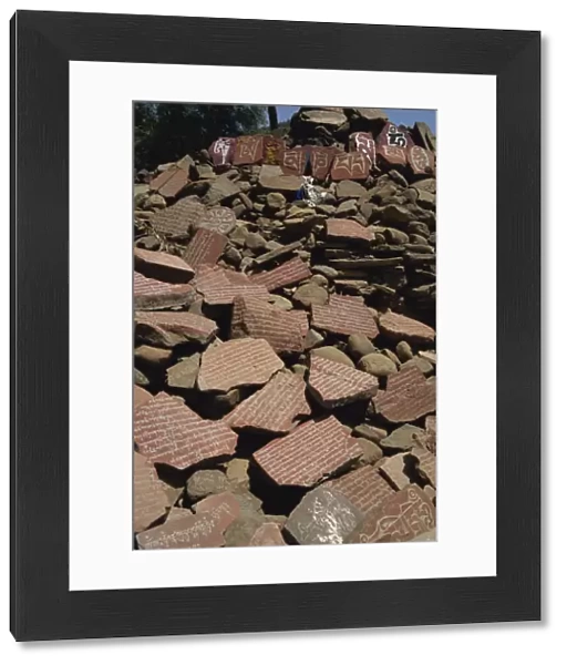 Mani stones, Rewalsar Lake, near Mandi, Himachal Pradesh, India, Asia
