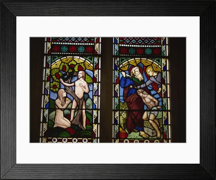 Framed Print : Stained glass of Adam and Eve, and Abraham preparing to sacrifice Isaac, St Framed Print : Stained glass of Adam and Eve, and Abraham preparing to sacrifice Isaac, St
