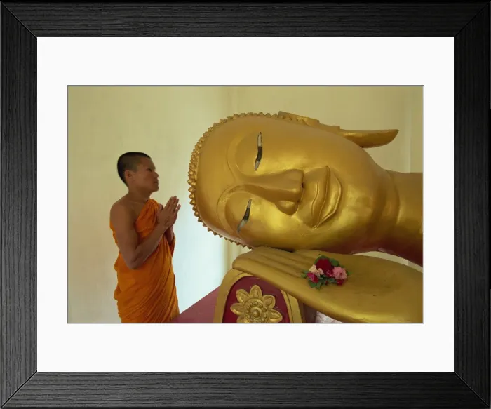 Framed Print : Novice monk and reclining Buddha, Wat Pha Baat Tai, Luang Prabang, Laos Framed Print : Novice monk and reclining Buddha, Wat Pha Baat Tai, Luang Prabang, Laos