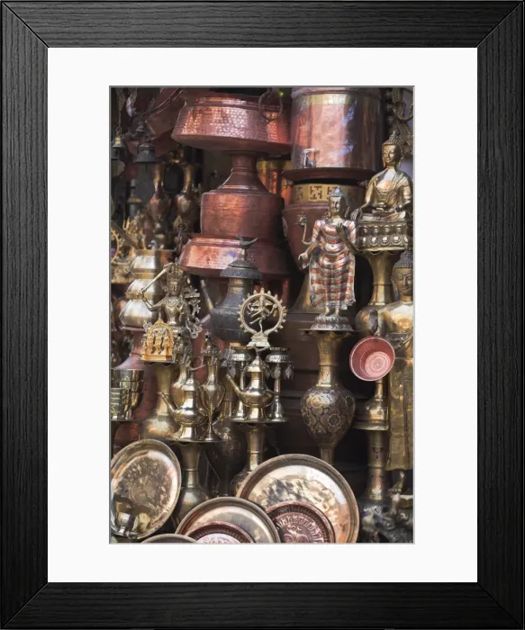 Framed Print : Shop selling brassware in street bazaar, Kathmandu, Nepal, Asia Framed Print : Shop selling brassware in street bazaar, Kathmandu, Nepal, Asia
