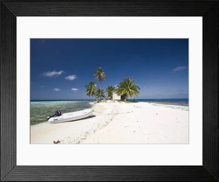 Framed Print : Dinghy on beach, Silk Caye, Belize, Central America Framed Print : Dinghy on beach, Silk Caye, Belize, Central America