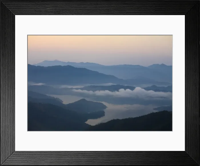 Framed Print : Clouds hover over lake at sunrise, Sikles trek, Pokhara, Nepal, Asia Framed Print : Clouds hover over lake at sunrise, Sikles trek, Pokhara, Nepal, Asia