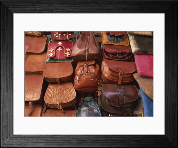 Framed Print : Leather goods on sale in souks, Medina, Marrakech, Morocco, North Africa, Africa Framed Print : Leather goods on sale in souks, Medina, Marrakech, Morocco, North Africa, Africa