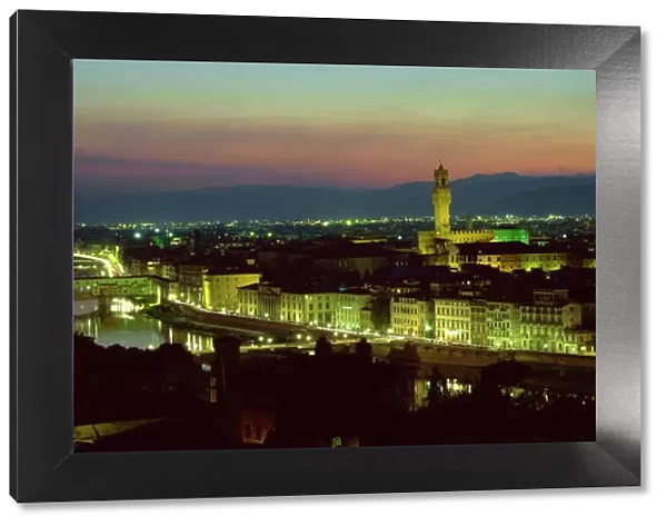 View at night over rooftops of Florence, showing Duomo, Uffizi and Ponte Vecchio from Pizalle Michelangelo, Florence, Tuscany