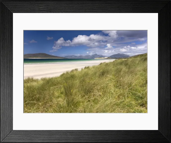Framed Print : Looking across the machair to the white sand beach of Seilebost at low tide Framed Print : Looking across the machair to the white sand beach of Seilebost at low tide