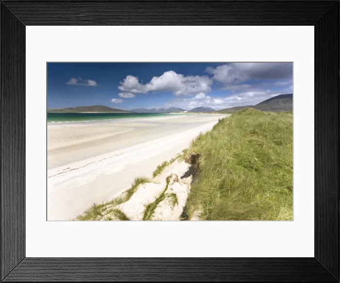Framed Print : Looking across the machair to the white sand beach of Seilebost at low tide Framed Print : Looking across the machair to the white sand beach of Seilebost at low tide