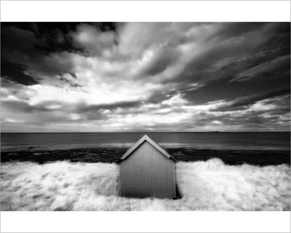 Infrared image of hut in dunes overlooking the North Sea, Bamburgh, Northumberland