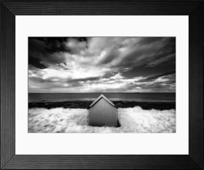 Framed Print : Infrared image of hut in dunes overlooking the North Sea, Bamburgh, Northumberland Framed Print : Infrared image of hut in dunes overlooking the North Sea, Bamburgh, Northumberland