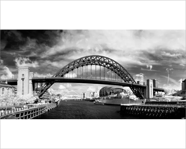 Infrared image of panoramic view of the River Tyne, Tyne Bridges and buildings along the quayside