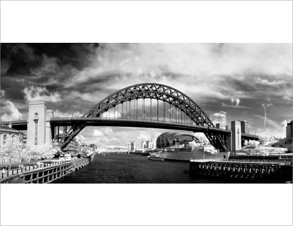 Infrared image of panoramic view of the River Tyne, Tyne Bridges and buildings along the quayside