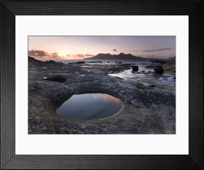 Framed Print : View towards Isle of Rum at sunset from rock formation at Laig Bay, Isle of Eigg Framed Print : View towards Isle of Rum at sunset from rock formation at Laig Bay, Isle of Eigg