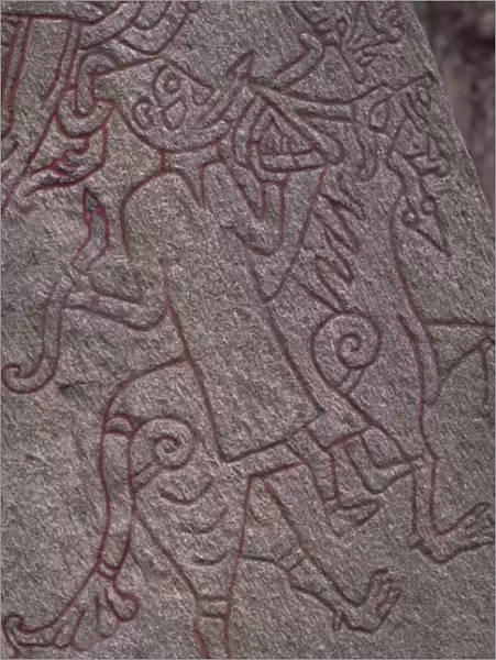 Witch from Icelandic Edda riding a wolf, detail of standing stone circa 1000AD