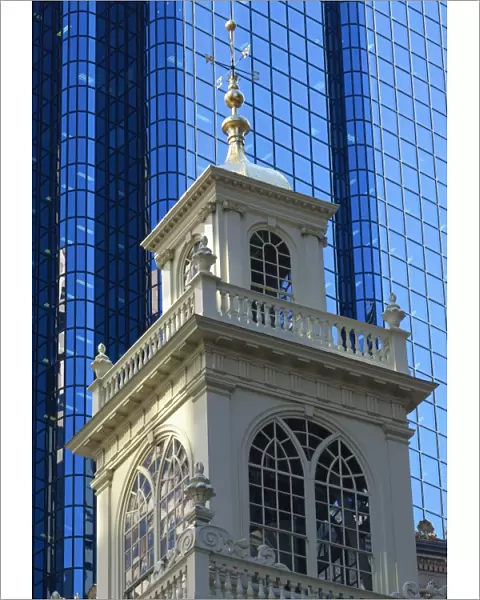 Contrasting church tower and modern office building, Boston, Massachusetts
