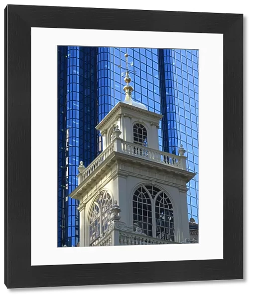 Contrasting church tower and modern office building, Boston, Massachusetts