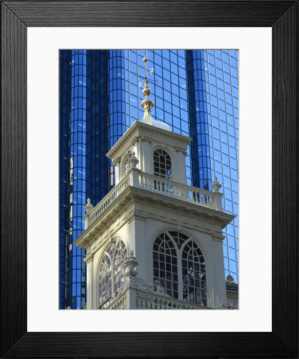 Framed Print : Contrasting church tower and modern office building, Boston, Massachusetts Framed Print : Contrasting church tower and modern office building, Boston, Massachusetts