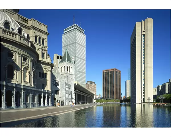 Church and modern office buildings on the skyline of Boston, Massachusetts