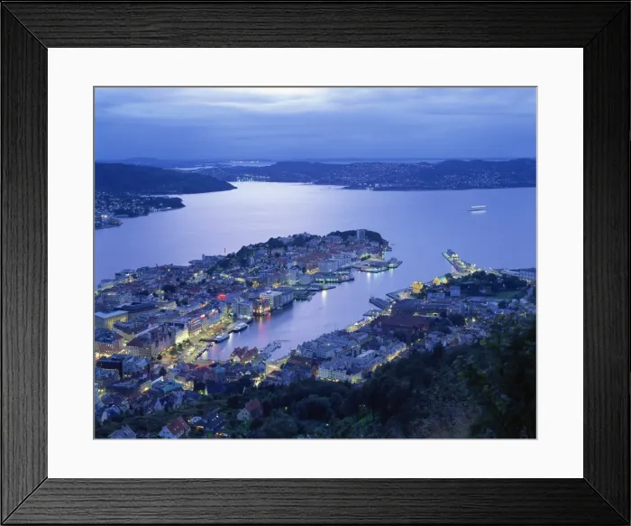Framed Print : Aerial view the harbour and city of Bergen at dusk, Norway, Scandinavia, Europe Framed Print : Aerial view the harbour and city of Bergen at dusk, Norway, Scandinavia, Europe