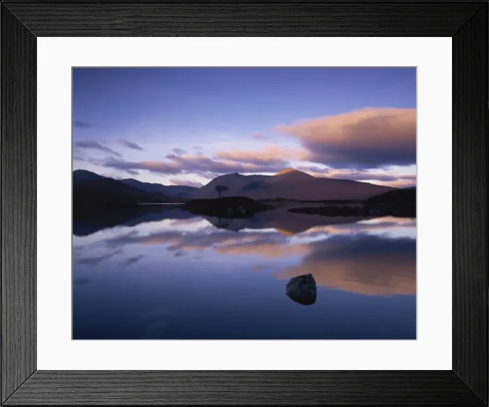 Framed Print : Reflections in Loch Achlaise of clouds and dark hills of Rannoch Moor, in the Highland Region of Scotland, United Framed Print : Reflections in Loch Achlaise of clouds and dark hills of Rannoch Moor, in the Highland Region of Scotland, United