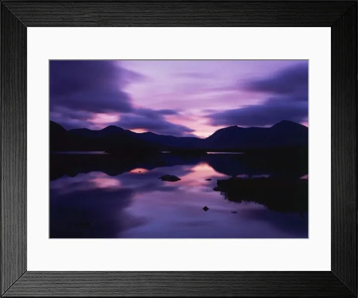 Framed Print : Reflections in the lake of sunset over dark hills of Rannoch Moor in the Highland region of Scotland, United Framed Print : Reflections in the lake of sunset over dark hills of Rannoch Moor in the Highland region of Scotland, United