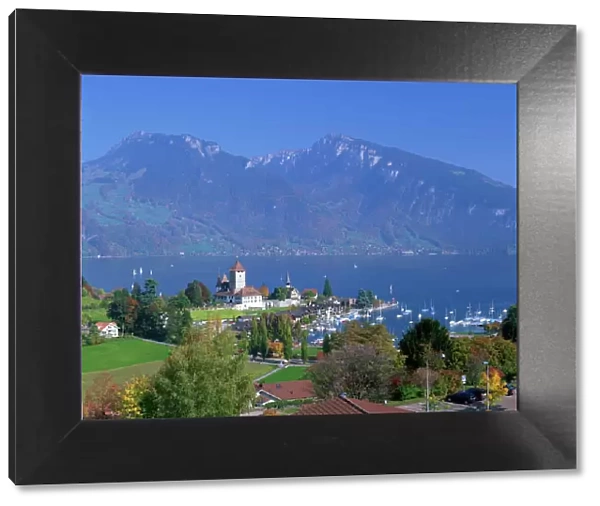 View over town and harbour of Spiez on Lake Thunersee in the Bernese Oberland