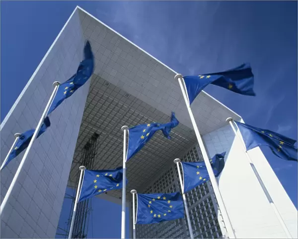La Grande Arche and EU flags, La Defense, Paris, France, Europe