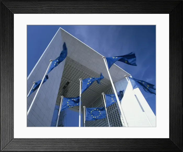 Framed Print : La Grande Arche and EU flags, La Defense, Paris, France, Europe Framed Print : La Grande Arche and EU flags, La Defense, Paris, France, Europe