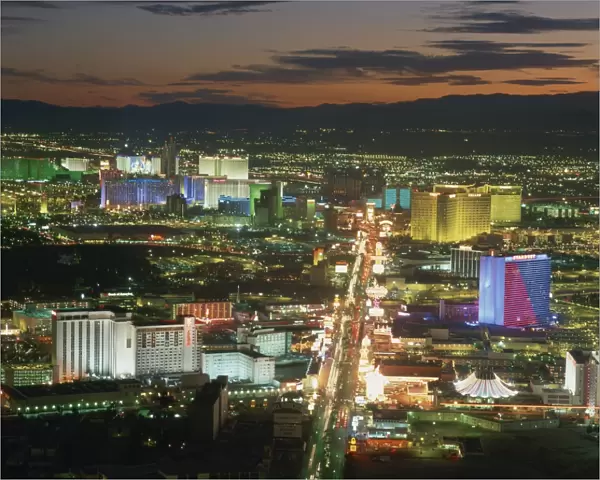 Aerial view over lights of the city at night, Las Vegas, Nevada, United States of America