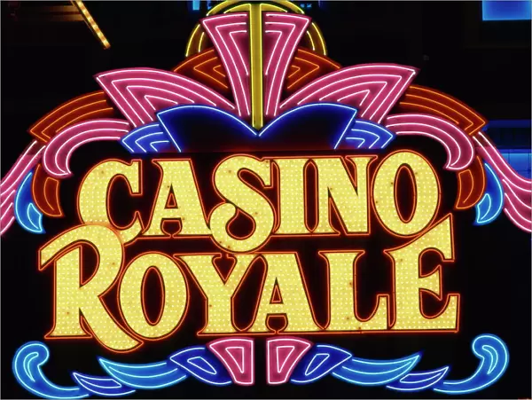 Close-up of neon sign for Casino Royale at night in Las Vegas, Nevada, United States of America