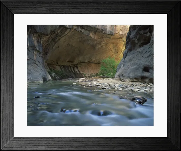Framed Print : The Virgin River flows beneath overhanging cliff in the Zion National Park in Utah Framed Print : The Virgin River flows beneath overhanging cliff in the Zion National Park in Utah