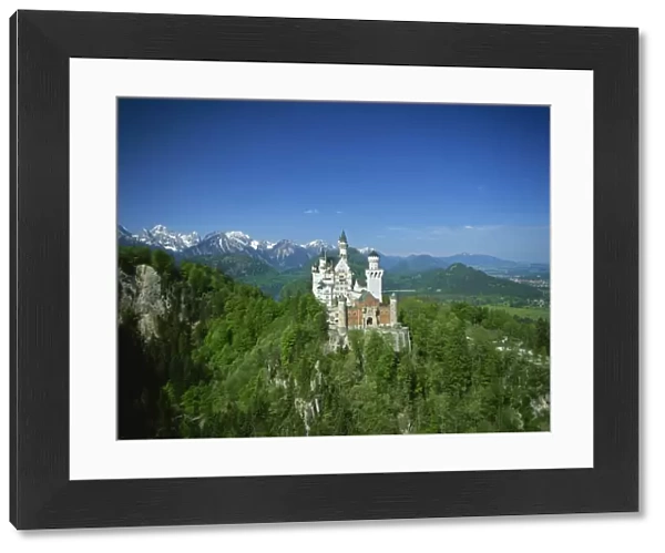The Neuschwanstein Castle on a wooded hill with mountains in the background