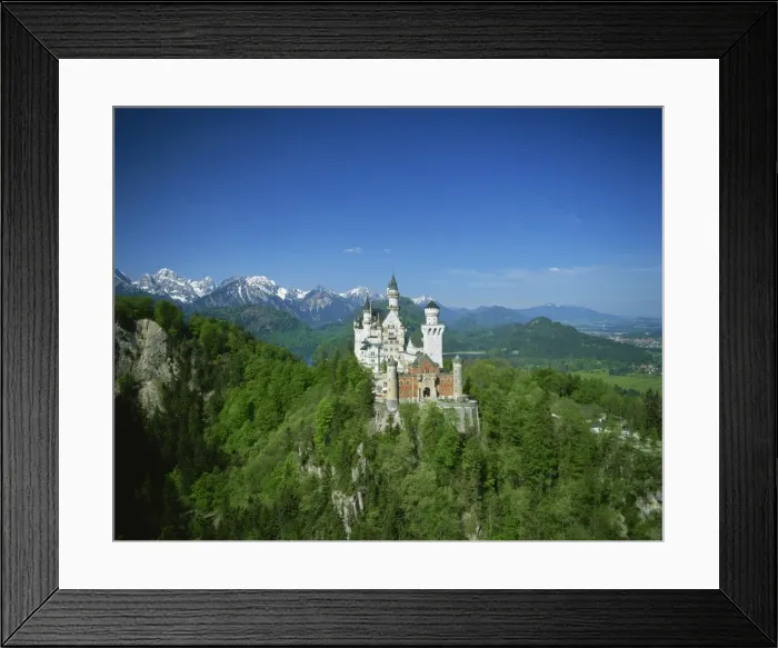Framed Print : The Neuschwanstein Castle on a wooded hill with mountains in the background Framed Print : The Neuschwanstein Castle on a wooded hill with mountains in the background