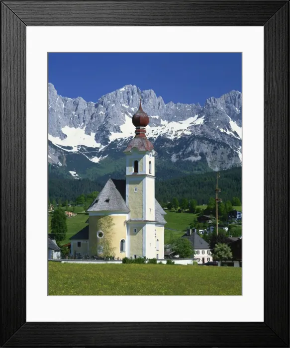 Framed Print : Church with onion dome at Going, with mountains behind, in the Tirol, Austria, Europe Framed Print : Church with onion dome at Going, with mountains behind, in the Tirol, Austria, Europe