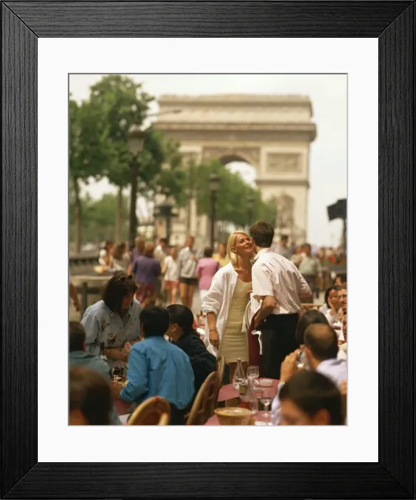 Framed Print : Greeting friends at an outdoor cafe on the Champs Elysees with the Arc de Triomphe behind Framed Print : Greeting friends at an outdoor cafe on the Champs Elysees with the Arc de Triomphe behind