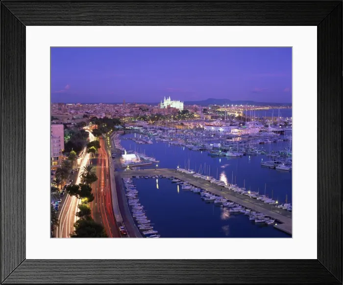 Framed Print : Evening lights, with boats in the marina and Palma cathedral across the bay Framed Print : Evening lights, with boats in the marina and Palma cathedral across the bay
