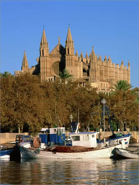 Boats on the waterfront below the cathedral of Palma, on Majorca, Balearic Islands