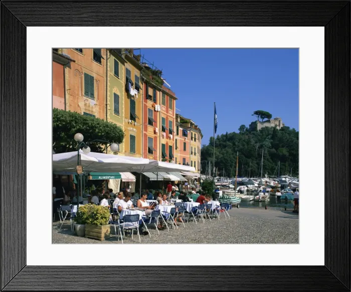 Framed Print : A pavement cafe on the waterfront at Portofino, in Liguria, Italy, Europe Framed Print : A pavement cafe on the waterfront at Portofino, in Liguria, Italy, Europe