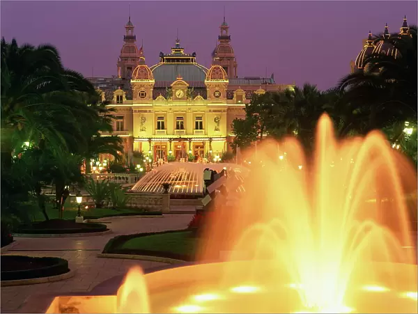 Illuminated fountains in front of the casino at Monte Carlo, Monaco, Europe
