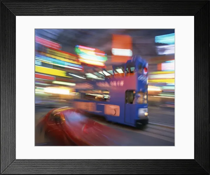 Framed Print : Tram in blurred motion at dusk, Causeway Bay, Hong Kong, China, Asia Framed Print : Tram in blurred motion at dusk, Causeway Bay, Hong Kong, China, Asia